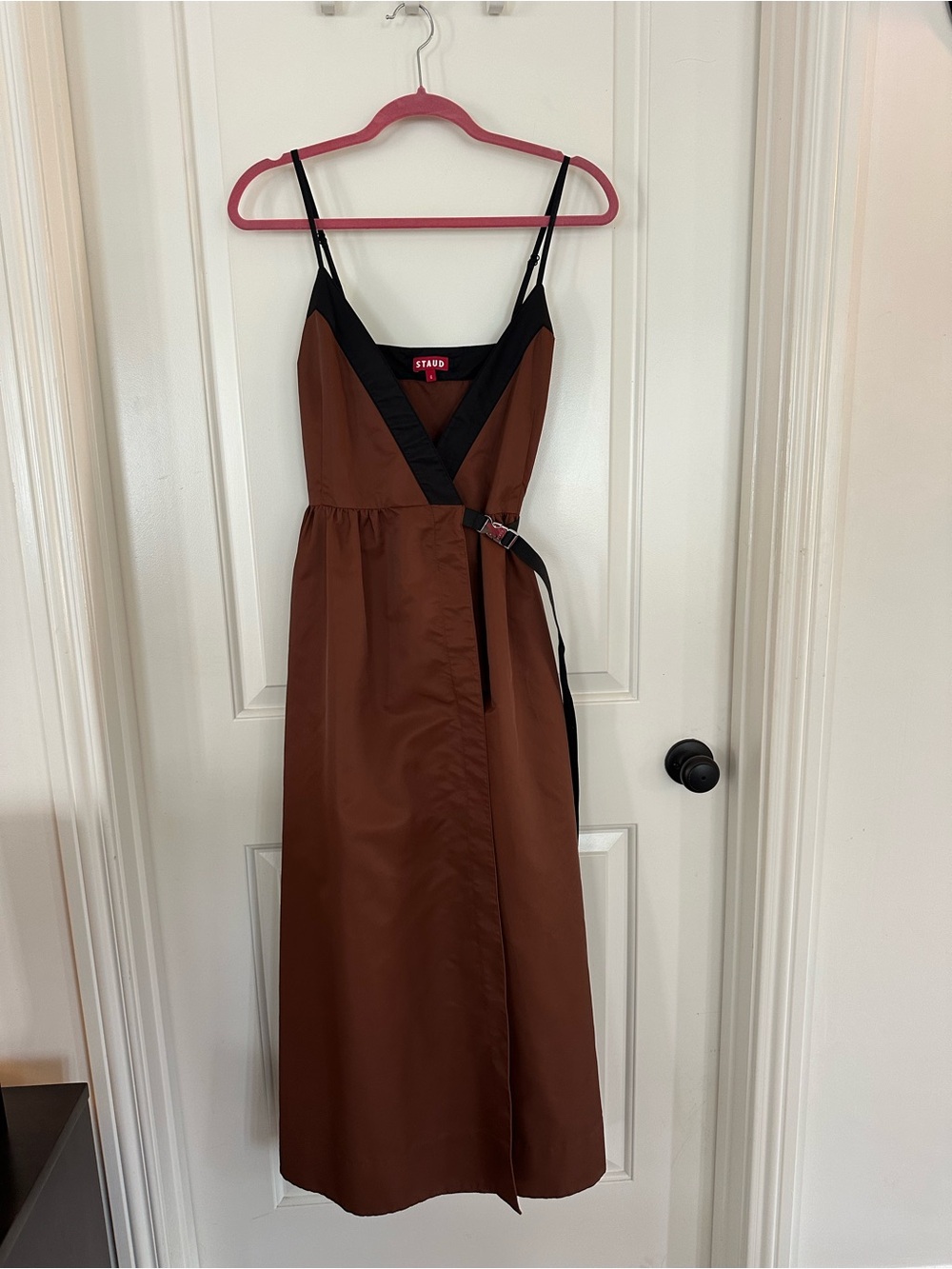 STAUD Brown Midi Wrap Dress with Black Trim